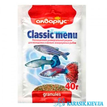 Корм для мелкой рыбки Гранулы Классик-Меню Аквариус 40 г.